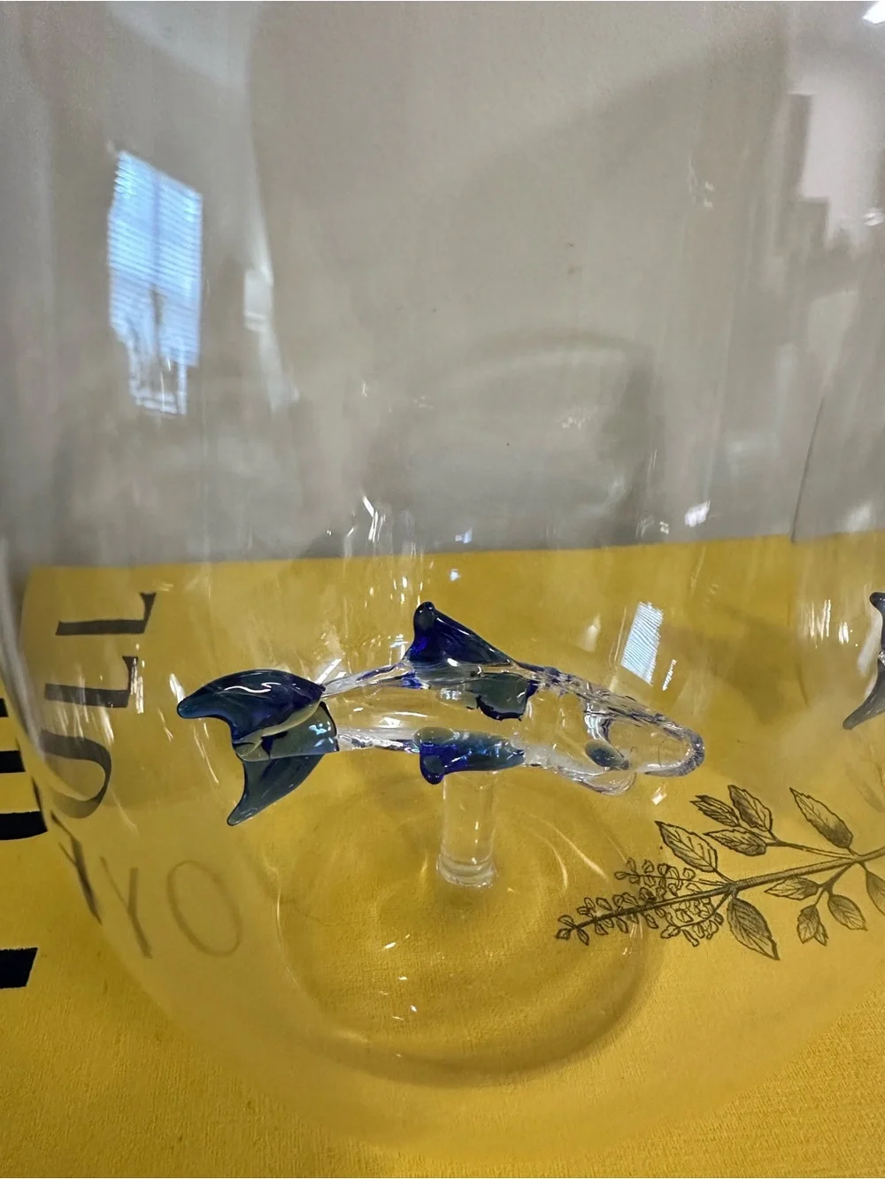 Stemless Wine Glass with Blue Fin Shark Blown Glass Accent Bar Glasses